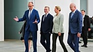 El canciller austríaco Christian Stocker, la primera ministra danesa Mette Frederiksen, el premier finlandés Petteri Orpo y el canciller alemán Friedrich Merz, en Berlín.