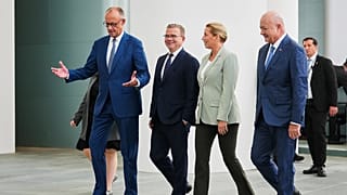 El canciller austríaco Christian Stocker, la primera ministra danesa Mette Frederiksen, el premier finlandés Petteri Orpo y el canciller alemán Friedrich Merz, en Berlín.