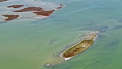 Aerial view of a new island in the northern Caspian Sea, Kazakhstan.