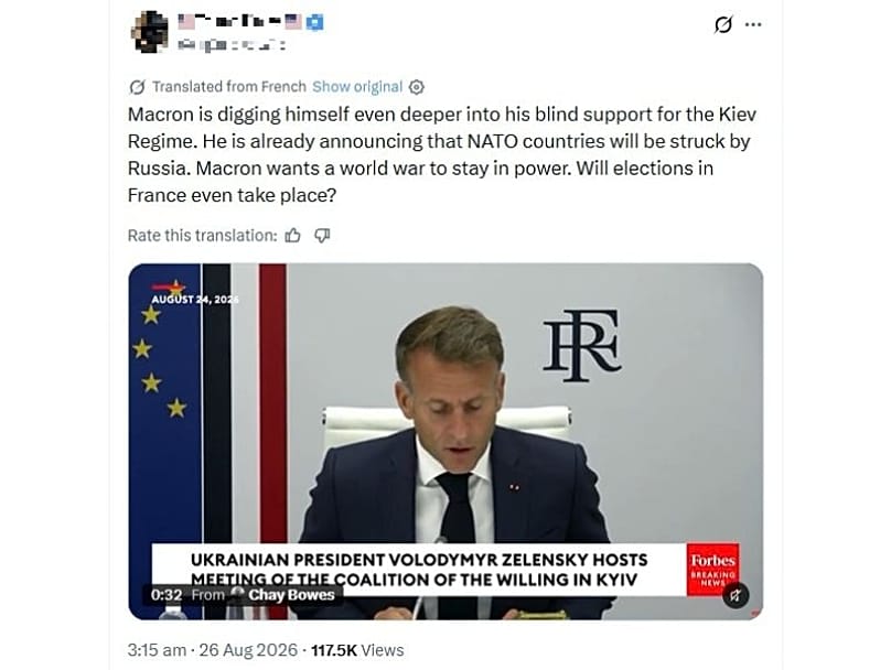 Példa egy közösségi posztra, amely hamis állítást tesz Macronnak az elnökválasztás módosítására vonatkozó terveiről. Az ilyen bejegyzések ezreket érnek el.
