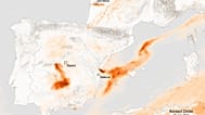 Image based on data from the Copernicus Sentinel-5P satellite, captured on 26 July 2026, shows the aerosol index over Spain and France, after days of wildfire