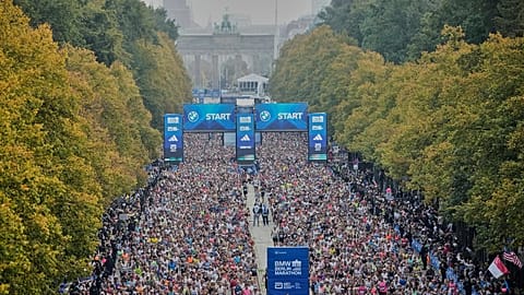 Runners start in the Berlin Marathon in Berlin, Germany, Sunday, Sept. 27, 2026.