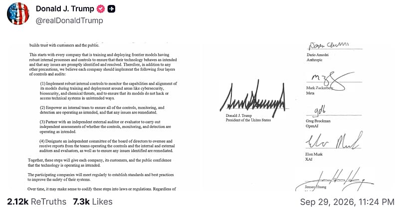 US President Donald Trump posts copy of the document signed by AI and tech executives to self-police on Truth Social, Tuesday, 29 Sept. 2026