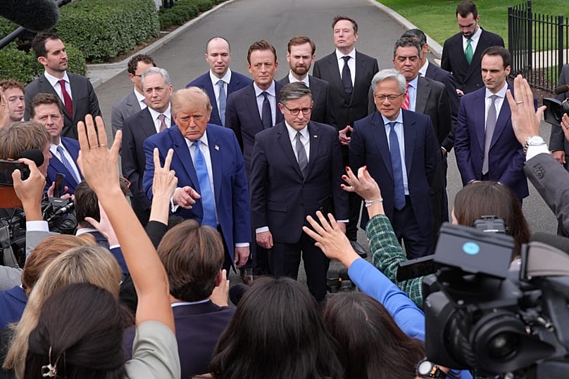 President Trump speaks to reporters at the White House after meeting with top executives of AI firms and House Speaker Mike Johnson in Washington, Tuesday Sept. 29, 2026