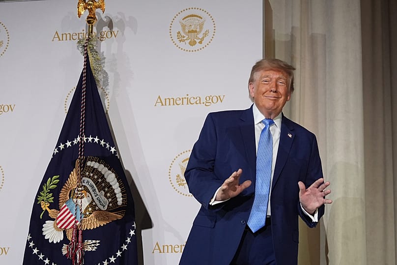 US President Donald Trump on stage at the Andrew W. Mellon Auditorium, Tuesday, Sept. 29, 2026, in Washington