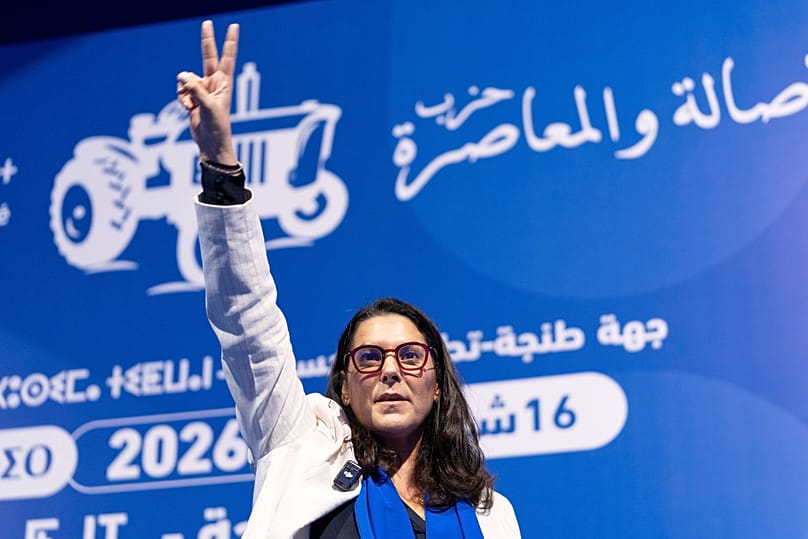 Fatima el-Mansouri takes part in an electoral rally for Authenticity and Modernity Party (PAM) in Tangier ahead of September parliamentary elections, Wednesday, Sept. 16, 2026