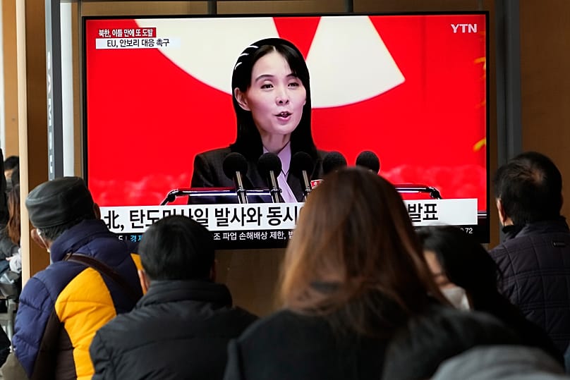 A TV screen shows a file image of Kim Yo-jong during a news programme at Seoul Railway Station, 20 February, 2023