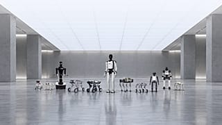 FILE. A line up of several humanoid and quadrupedal latest generation robots, 2026