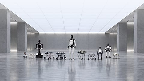 FILE. A line up of several humanoid and quadrupedal latest generation robots, 2026
