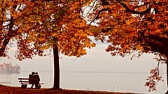 Archiv. Ein junges Paar sitzt an einem nebligen Herbsttag am Ufer des Bodensees im Lotzbeckpark in Lindau, Deutschland, am 1. November 2020.