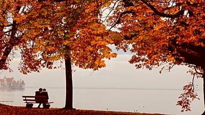 Archiv. Ein junges Paar sitzt an einem nebligen Herbsttag am Ufer des Bodensees im Lotzbeckpark in Lindau, Deutschland, am 1. November 2020.