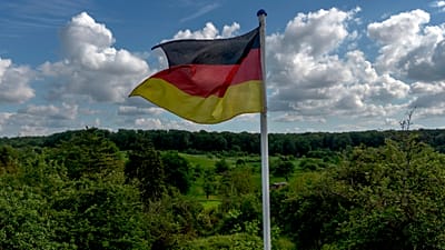 Almanya'nın Frankfurt kenti yakınlarındaki bir arazide Alman bayrağı dalgalanıyor, 22 Mayıs 2024.