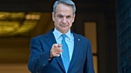 Greece's Prime Minister Kyriakos Mitsotakis, gestures as he waits the arrival of King of Bahrain Hamad bin Isa Al Khalifa before their meeting, in Athens, on Friday, Sept. 18.