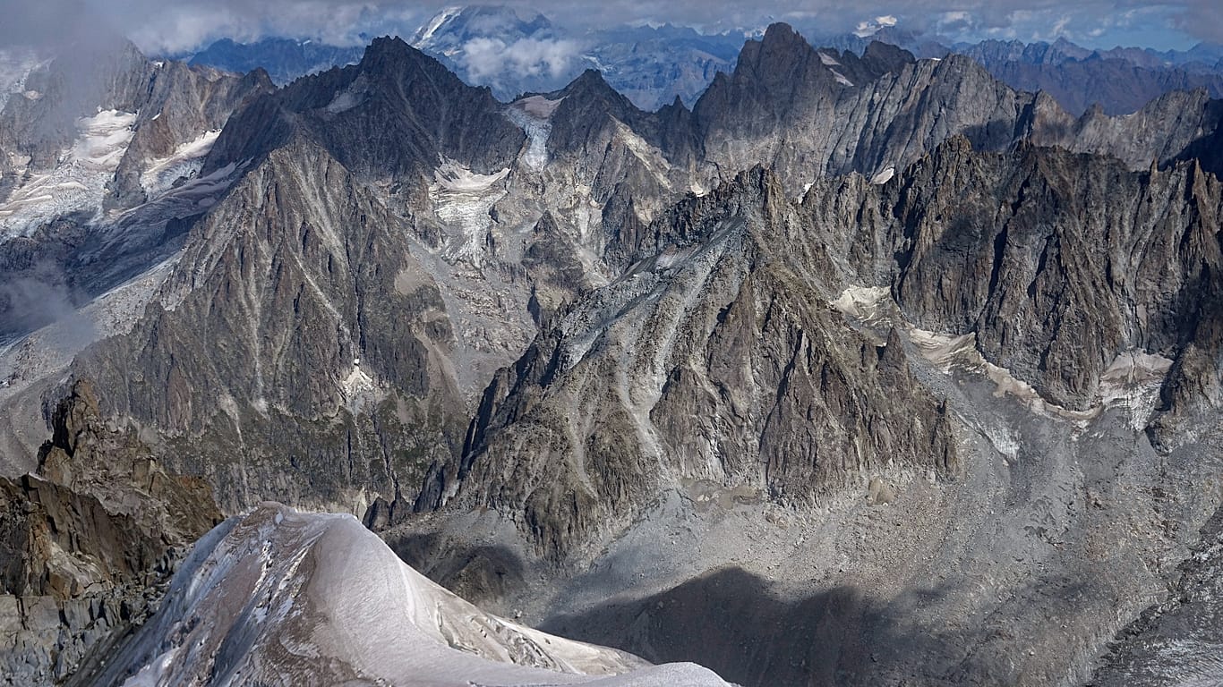 The Mont-Blanc massif mountains and the 'Mer de Glace' glacier are seen from the Aiguille du Midi in Chamonix, France, Saturday, Sept. 5, 2026