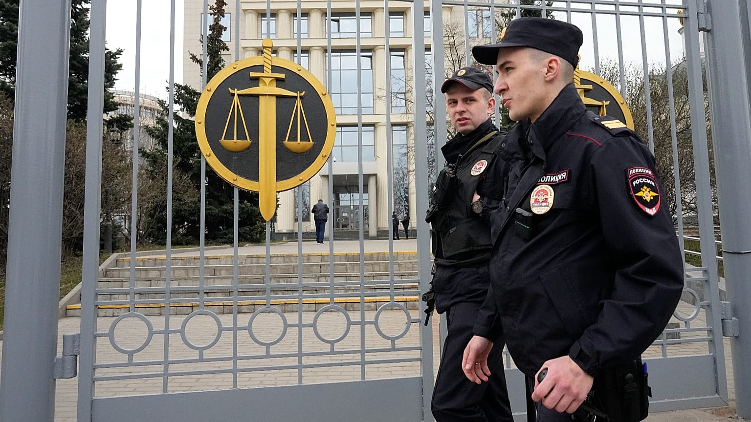 FILE: Police officers guard the Moscow City Court entrance, in Moscow, 17 April 2023