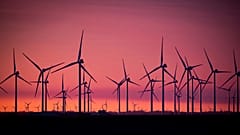 Wind turbines stand in a wind farm in the Soenke-Nissen-Koog at the North Sea in Bordelum in the sunrise Tuesday, March 9, 2021.