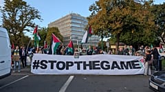 People call on the Football Association of Ireland to boycott Sunday's soccer game against Israel near the Aviva Stadium in Dublin on Thursday, Oct. 1, 2026.