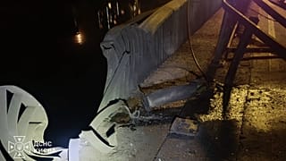 The aftermath of a Russian strike on the Pivdennyi Bridge in Kyiv, 2 October, 2026