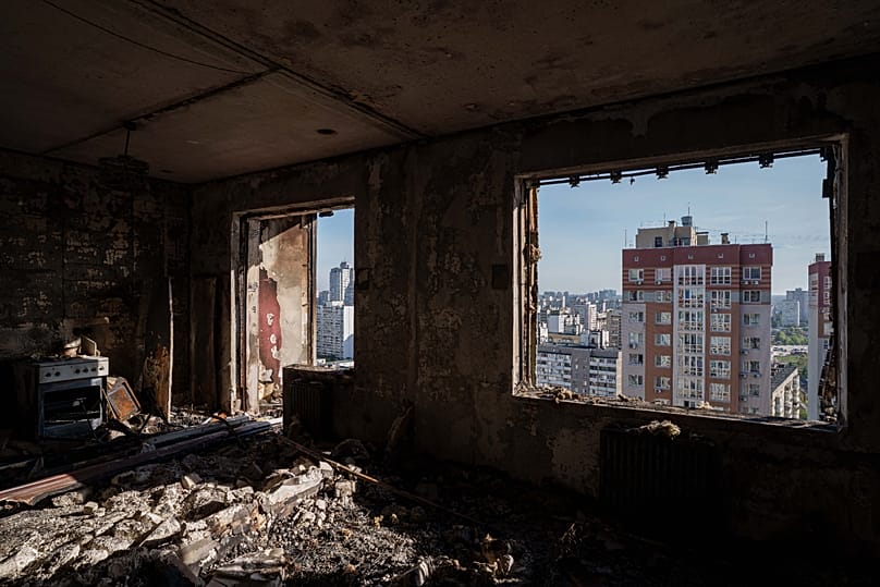 An apartment is seen burned out following a Russian drone strike in Kyiv, 2 October, 2026