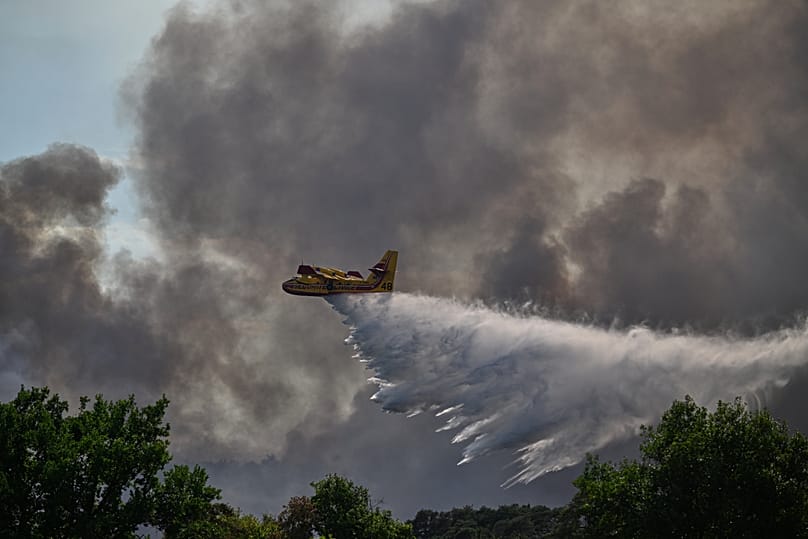 A Canadair water bomber drops water while fighting wildfires in the Fontainebleau forest region south of Paris, 13 July, 2026