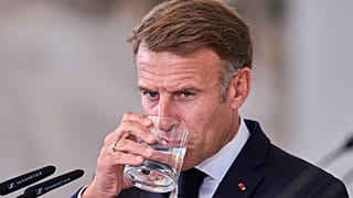 France President Emmanuel Macron drinks water after a meeting with Prime Minister Pedro Sanchez at the Moncloa Palace in Madrid, Spain, Wednesday, Sept. 30, 2026. 