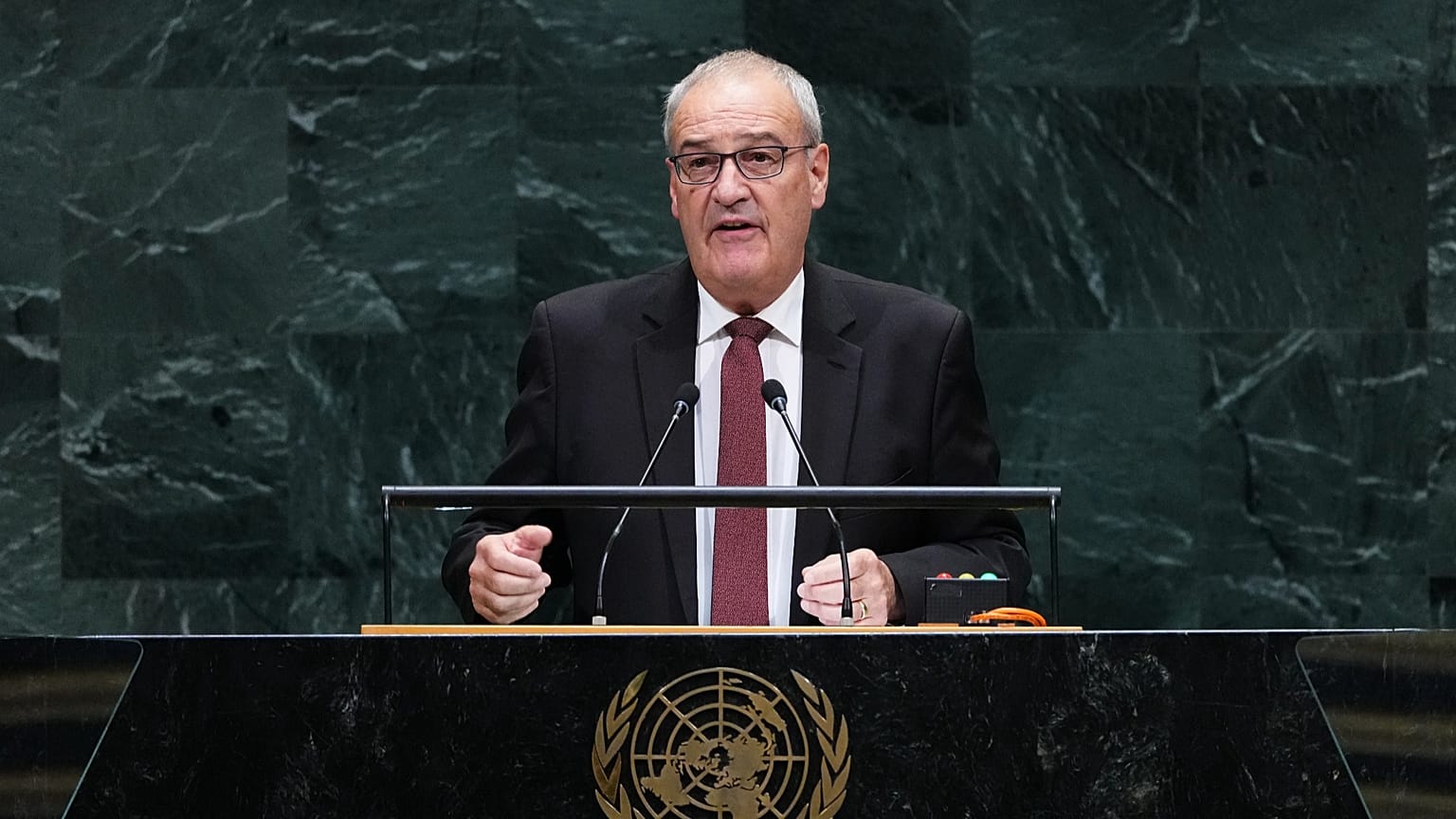 Guy Parmelin svájci államfő felszólal az ENSZ Közgyűlésének 81. ülésszakán, az ENSZ New York-i székházában, 2026. szeptember 22-én