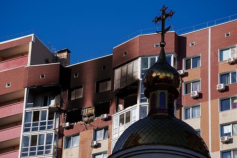 A residential building is seen damaged following a Russian drone strike, in Kyiv, Ukraine, Friday, 2 October 2026.