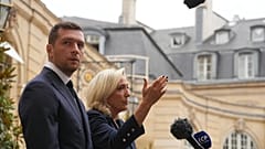 Marine Le Pen and Jordan Bardella address the media after a meeting with Prime Minister François Bayrou ahead of a no-confidence vote on 2 September 2025
