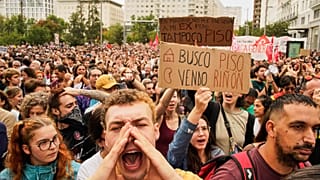 Personas se manifiestan para exigir leyes más estrictas que protejan a los inquilinos en Madrid, España, el sábado 3 de octubre de 2026. 