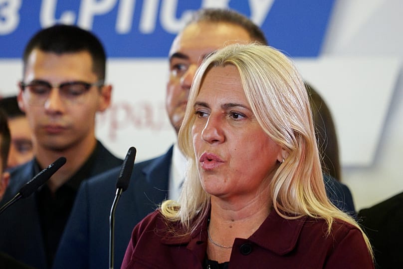Zeljka Cvijanovic of the Alliance of Independent Social Democrats (SNSD) speaks after the publication of general election results, in Banja Luka, Bosnia, Sunday, Oct. 4, 2026