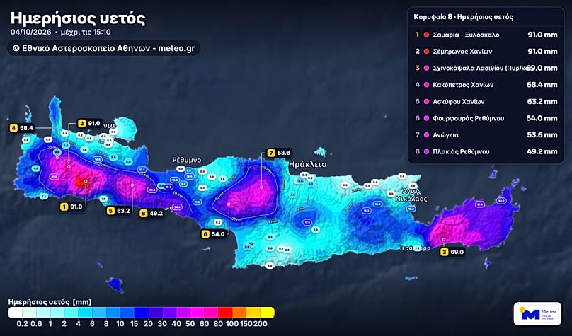 Altura diaria de la lluvia en Creta el 4 de octubre de 2026. En Samaria-Xyloskalo y en Sembrona, Chania se registraron 91 milímetros