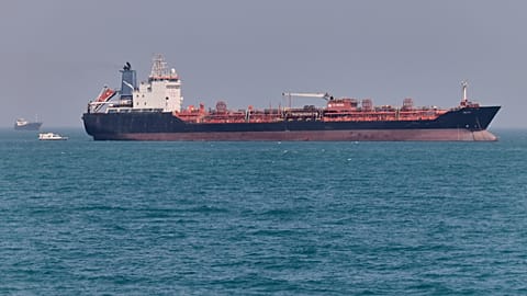 File - An oil tanker sits at anchor in the Strait of Hormuz off Bandar Abbas, Iran, Saturday, 2 May 2026.