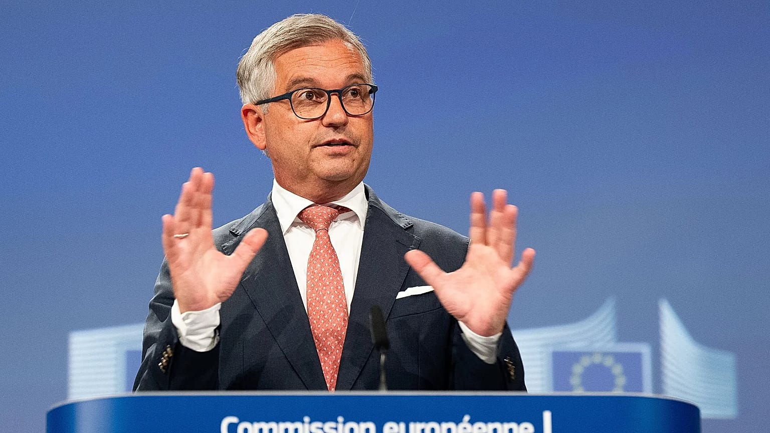 European Commissioner for Internal Affairs and Migration Magnus Brunner speaks during a press conference at EU headquarters in Brussels, Tuesday, Aug. 4, 2026.