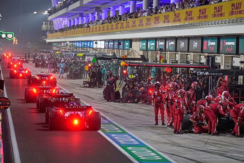 Cars exit the pitlane during a safety car session at the Qatar Formula 1 Grand Prix in Lusail, Qatar, Sunday, 30 Nov., 2025.