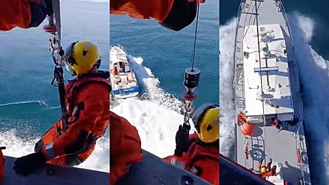 Screengrab of a Romanian interior ministry video showing agents on a crew rescue mission of a cargo ship struck by drone in Black Sea, 5 October 2026