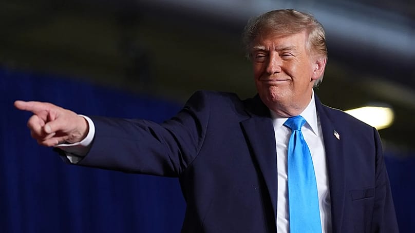 US-Präsident Donald Trump spricht bei einer Wahlkampfveranstaltung im Pinnacle Bank Expo Center am Montag, dem fünften Oktober 2026, in Grand Island im US-Bundesstaat Nebraska