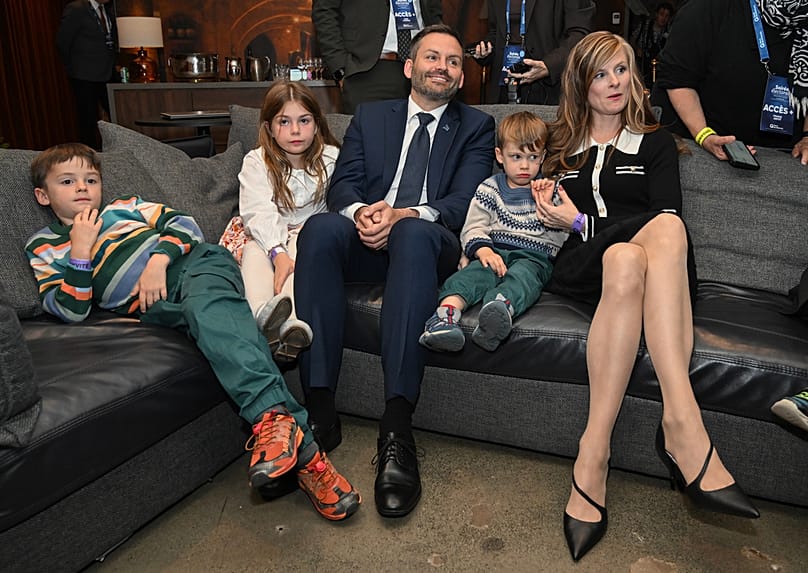 PQ Leader Paul St-Pierre Plamondon watches results alongside his wife and children in Montreal, Quebec on Monday, Oct. 5, 2026
