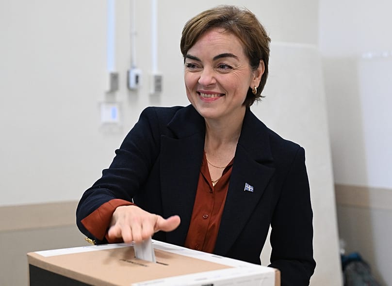 Coalition Avenir Quebec Leader Christine Frechette casts her ballot at the polling office in Trois-Rivieres, Quebec, Monday, Oct. 5, 2026