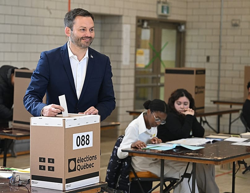 Parti Quebecois Leader Paul St-Pierre Plamondon casts his ballot on election day in Montreal, Quebec, Monday, Oct. 5, 2026