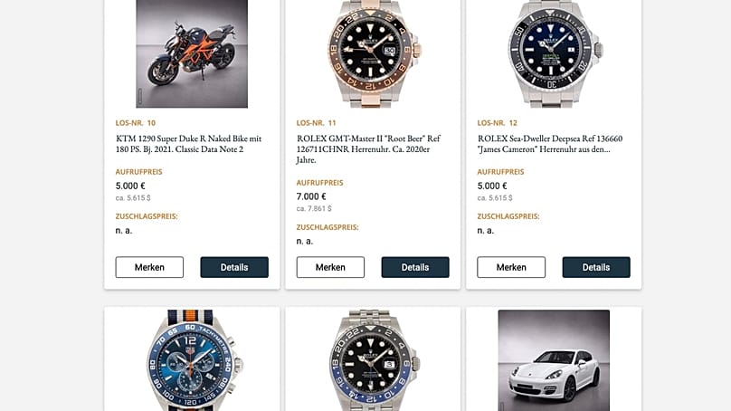 Einige der zu versteigernden Autos, Uhren und Motorräder Lot Search Screenshot / Eppli Auktionshaus