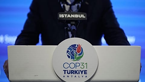 COP31 President-designate and Turkiye's Environment, Urbanization and Climate Change Minister Murat Kurum speaks during the Istanbul Climate Finance Summit, Sept. 4, 2026. 