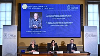 A portrait of Francis Halzen is shown on the screen as the panel announce the recipient of the 2026 Nobel Prize in Physics at the Royal Swedish Academy of Sciences, Stockholm.