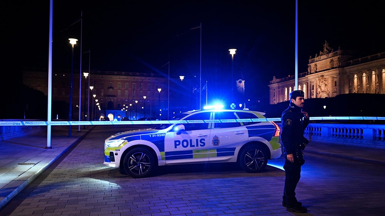 A policeman stands at a police cordon after an incident near the Royal Palace in central Stockholm, Sweden, Tuesday Oct. 6, 2026.