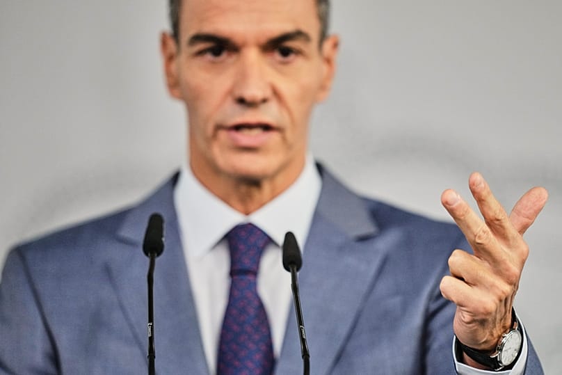 Spain's Prime Minister Pedro Sanchez speaks during a press conference at the Moncloa Palace in Madrid, Tuesday, Oct. 6, 2026