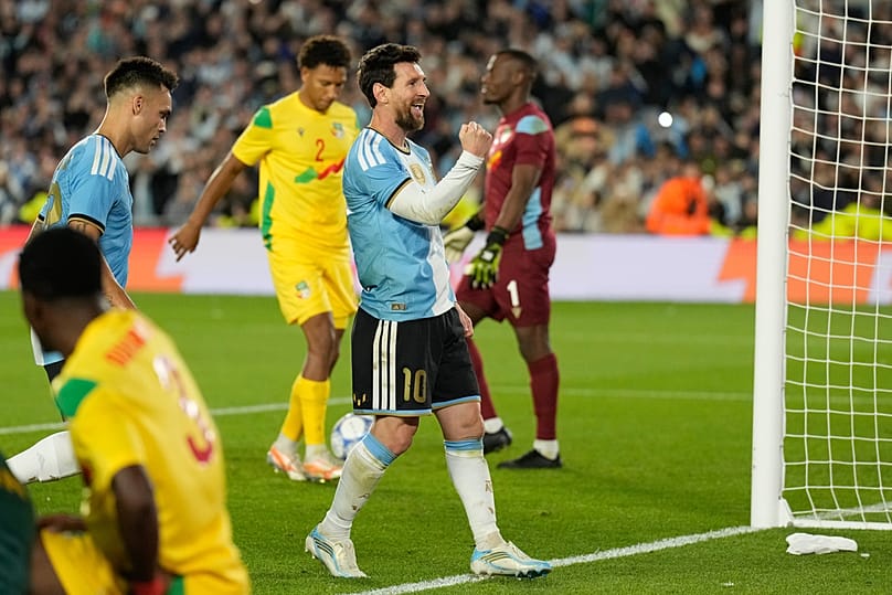 Argentina's Lionel Messi celebrates after scoring his side’s third goal during his final match for the national team, in Buenos Aires, Argentina, Tuesday, Oct 6, 2026