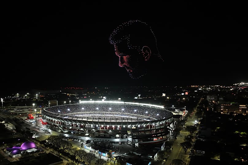 A drone display featuring Argentina's Lionel Messi is seen at the end of his final match for the national team, in Buenos Aires, Argentina, Tuesday, Oct.6, 2026