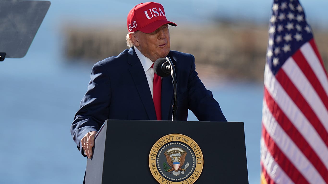 President Donald Trump speaks at an Anduril Industries, Inc. event at the Sparrows Point shipyard on Tuesday 6 October 2026 in Sparrows Point, Maryland.