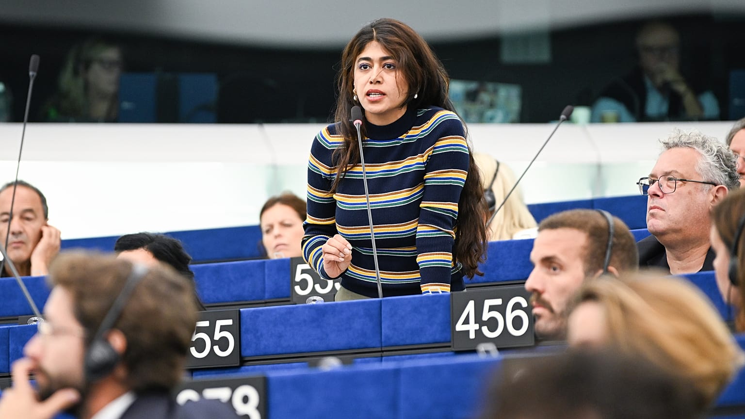 French MEP Rima Hassan addresses the European Parliament, 6 October 2026