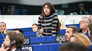 French MEP Rima Hassan addresses the European Parliament, 6 October 2026