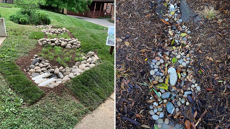 Un jardín de lluvia en Garrett Park, Maryland, mayo de 2021. | ARCHIVO - Una tubería libera agua de lluvia recogida en un jardín de lluvia hundido, North Hollywood, California, enero de 2016.